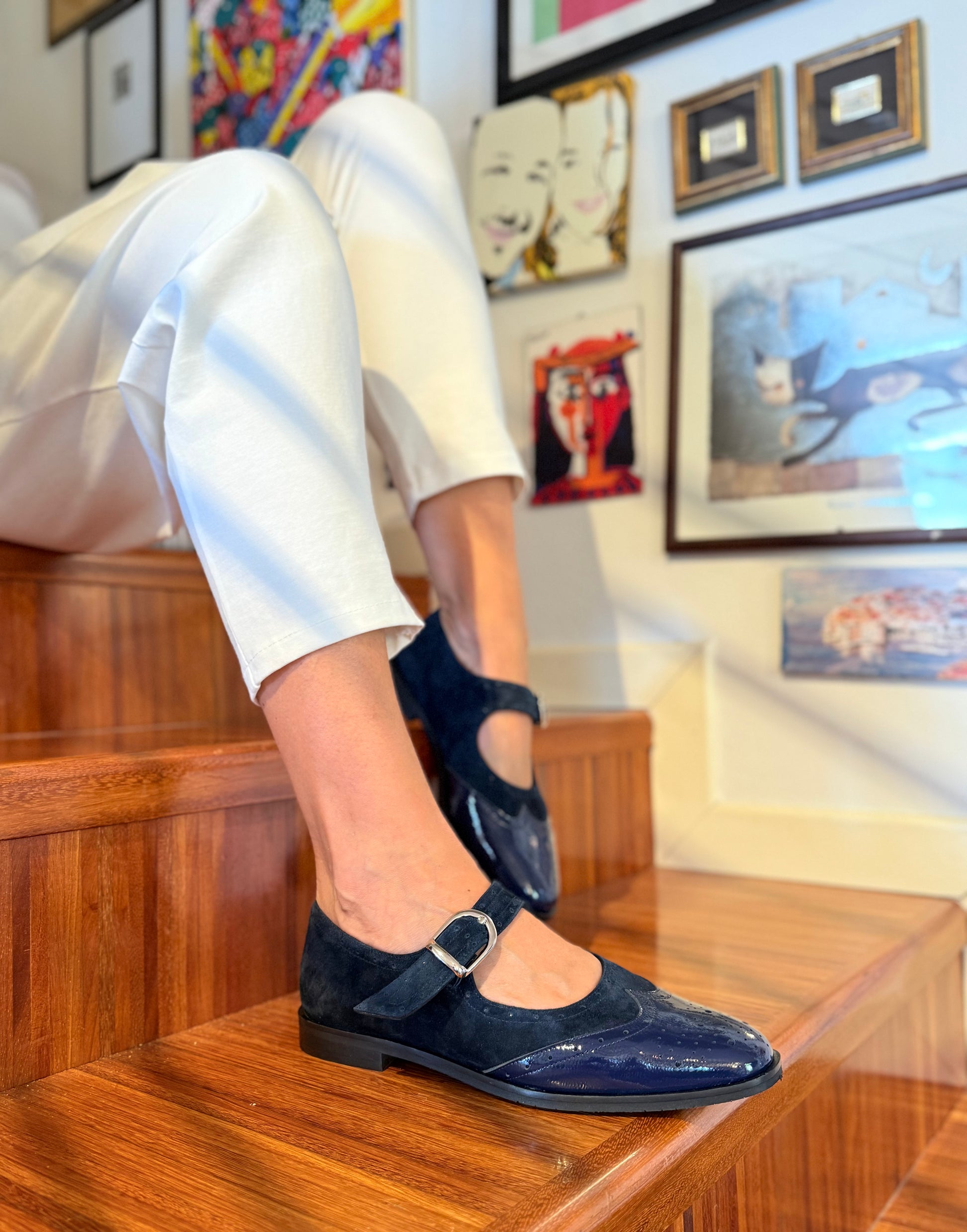Bimba Blue scarpina bassa in naplak e camoscio blu tacco 2 artigianale toscana