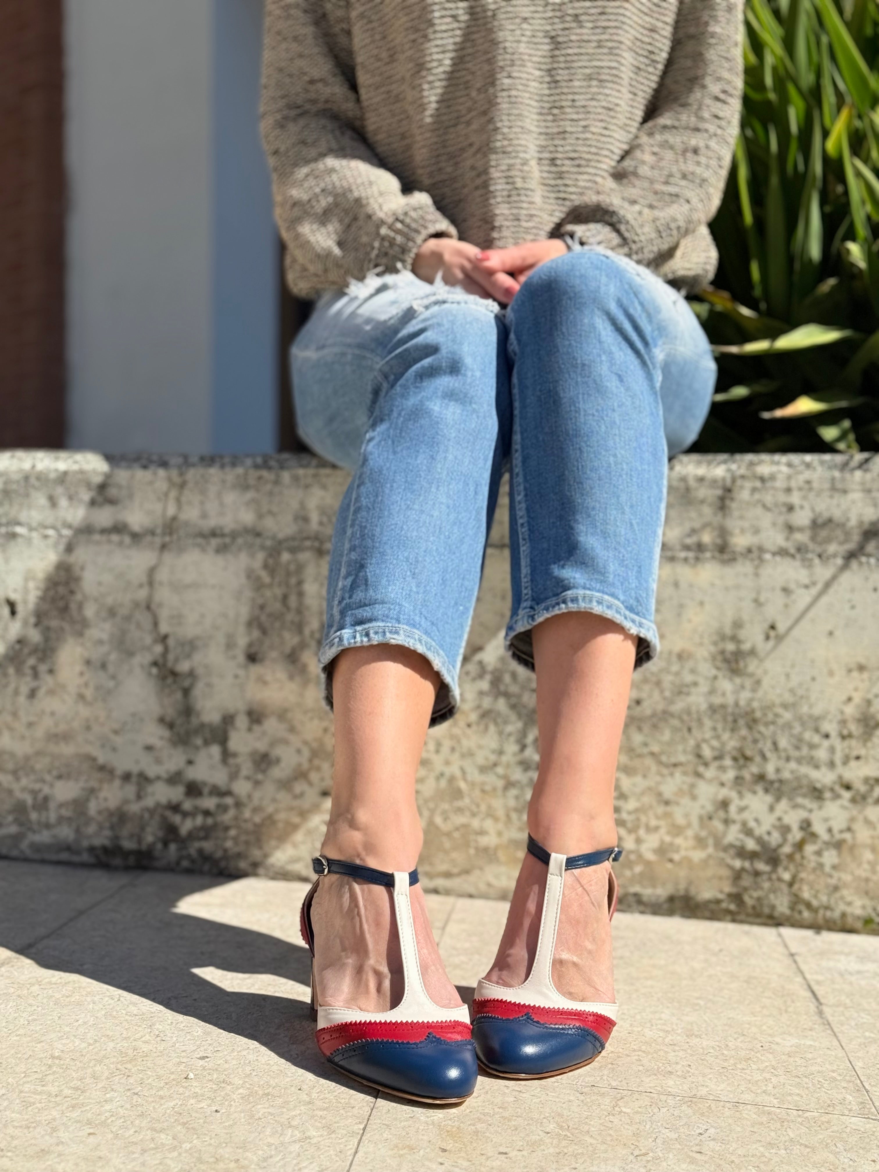 Image of Madame Paris tanghera in nappa blu tacco 5.5 cm artigianale toscana