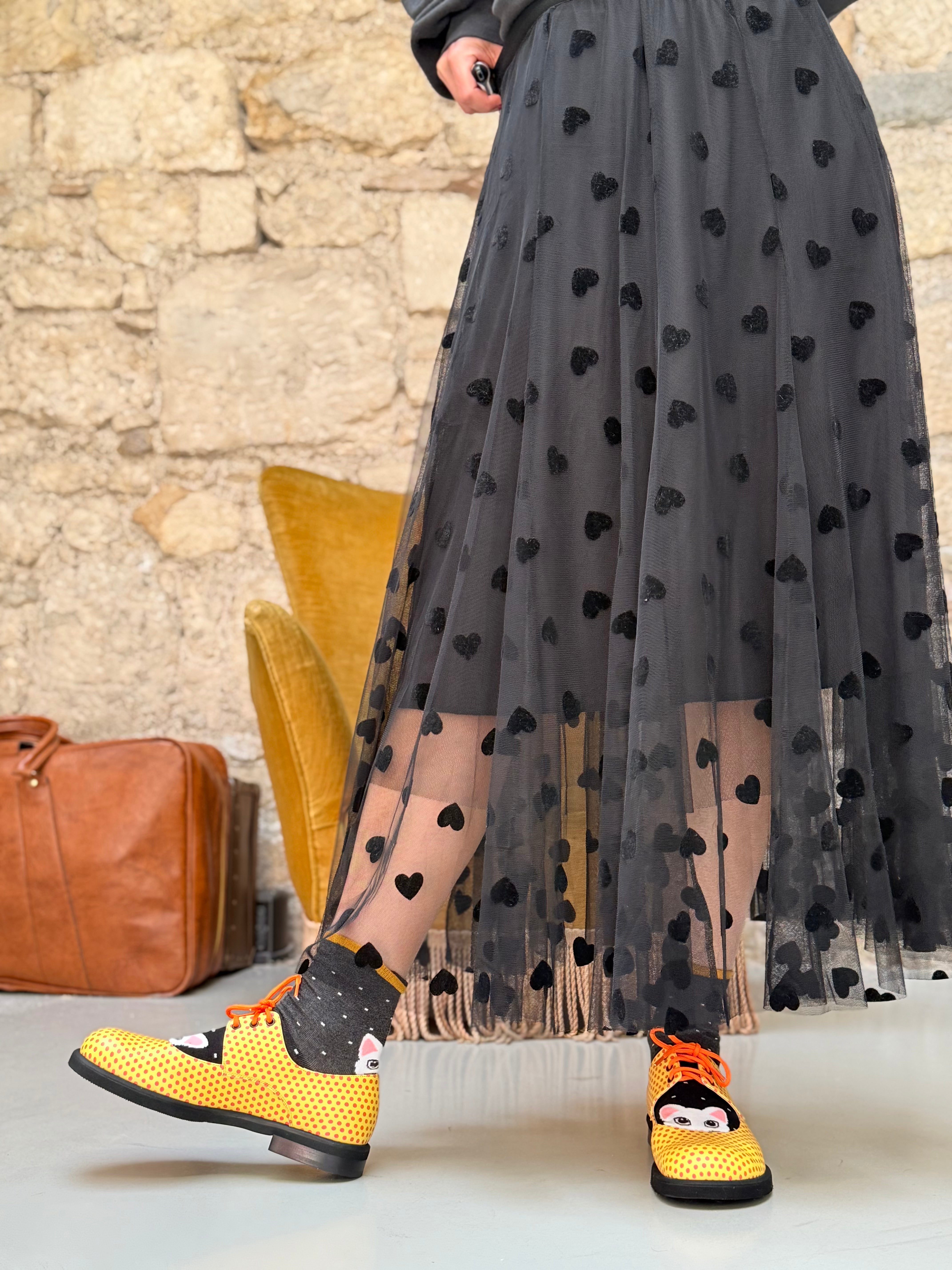 Image of Patch Yellow scarpa allacciata in nappa gialla e pois rossi tacco 2.5 artigianale marchigiana