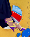 Sonnie Violet sandalo t bar in nappa viola e gialla tacco 6 cm. plateau da 0,5 cm. artigianale