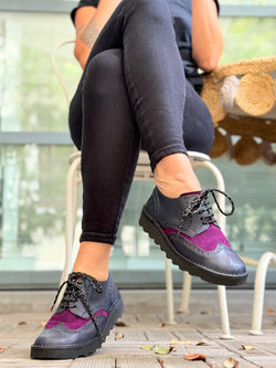 Image of Lucignolo Blue scarpa bassa stringata in pelle blue e camoscio uva artigianale toscana