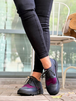 Image of Lucignolo Blue scarpa bassa stringata in pelle blue e camoscio uva artigianale toscana