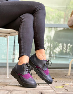 Image of Lucignolo Blue scarpa bassa stringata in pelle blue e camoscio uva artigianale toscana