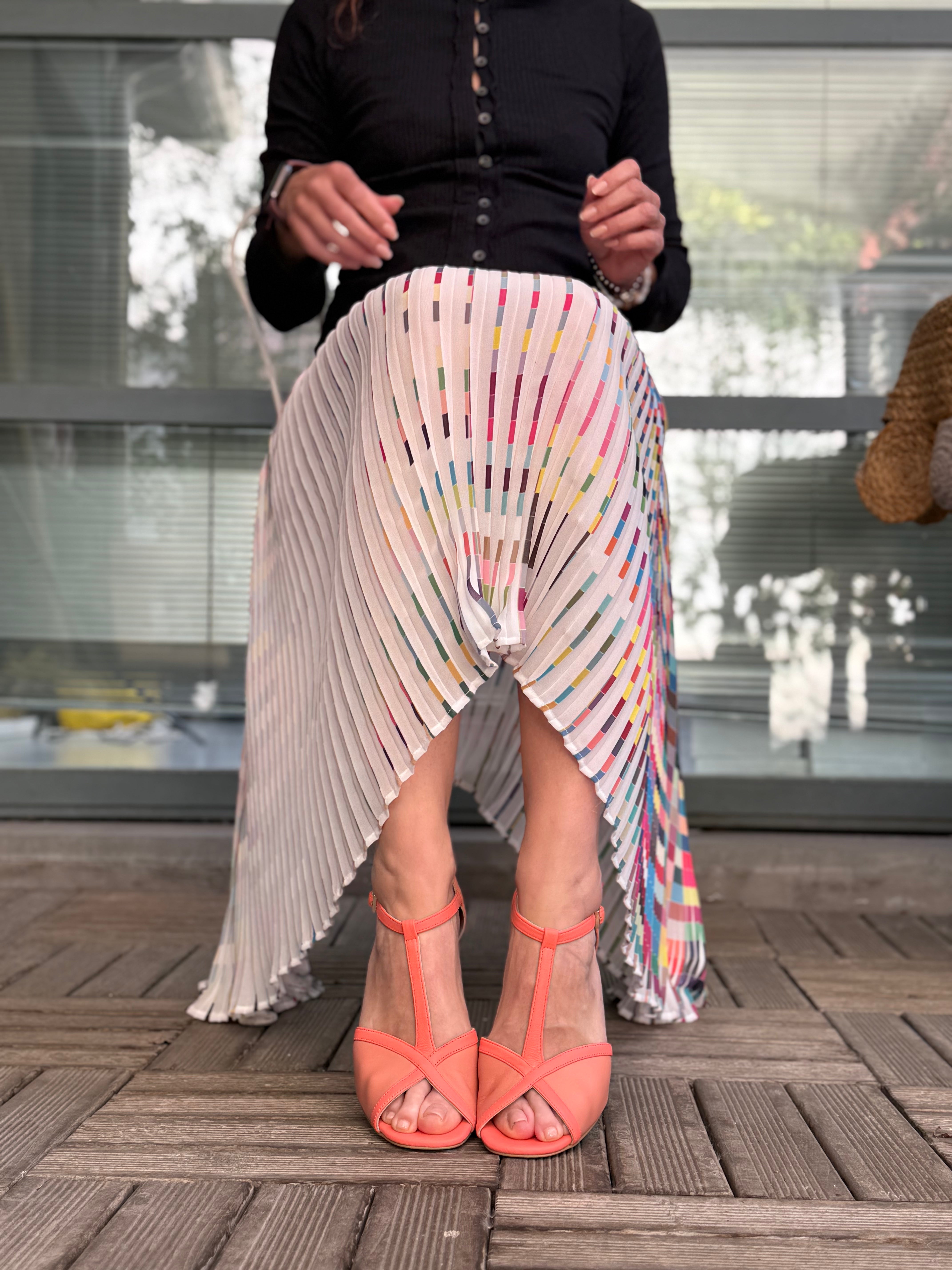 Image of Yata Peach sandalo t-bar in nappa corallo e nude tacco 6 artigianale pugliese