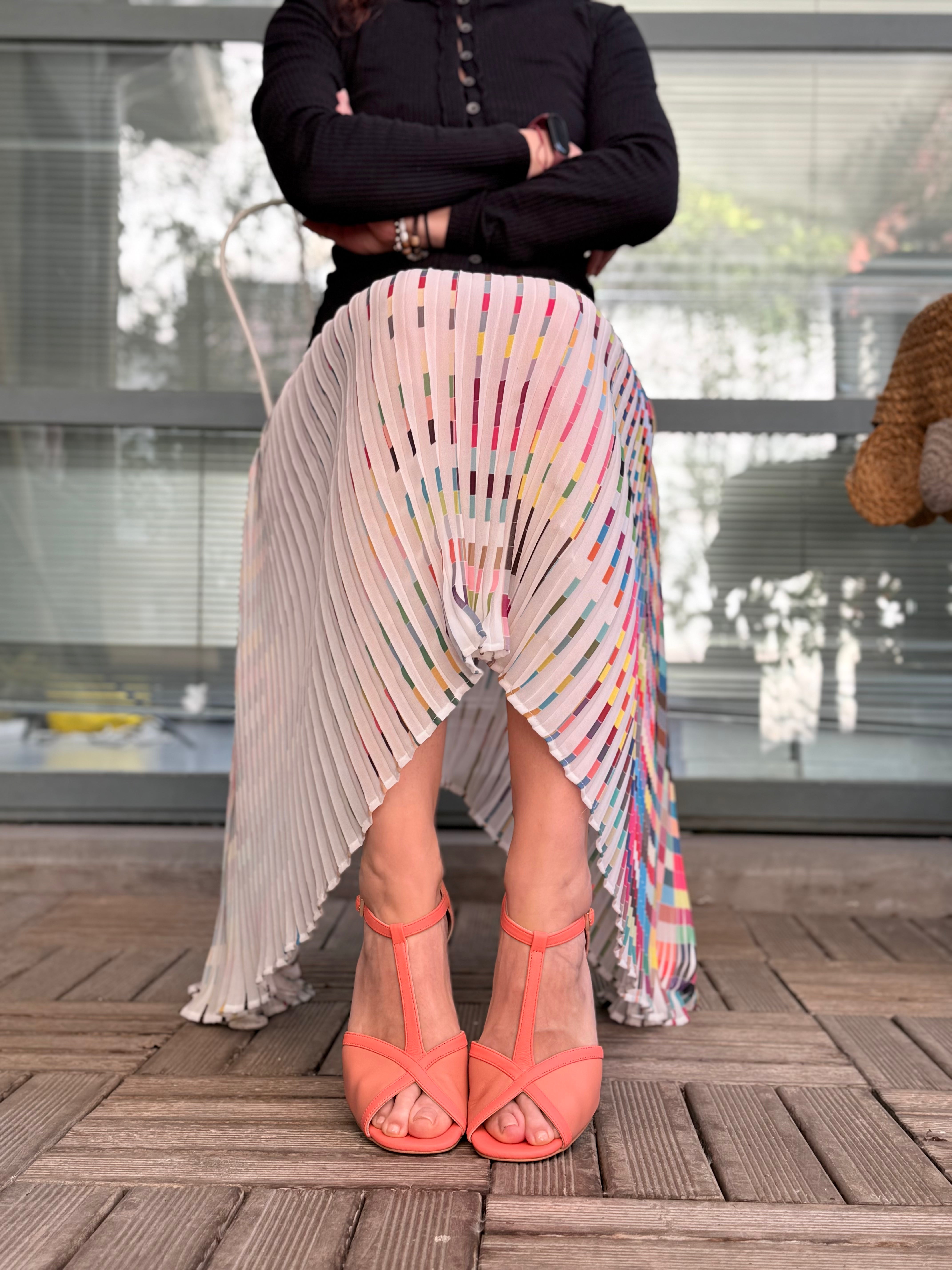 Image of Yata Peach sandalo t-bar in nappa corallo e nude tacco 6 artigianale pugliese