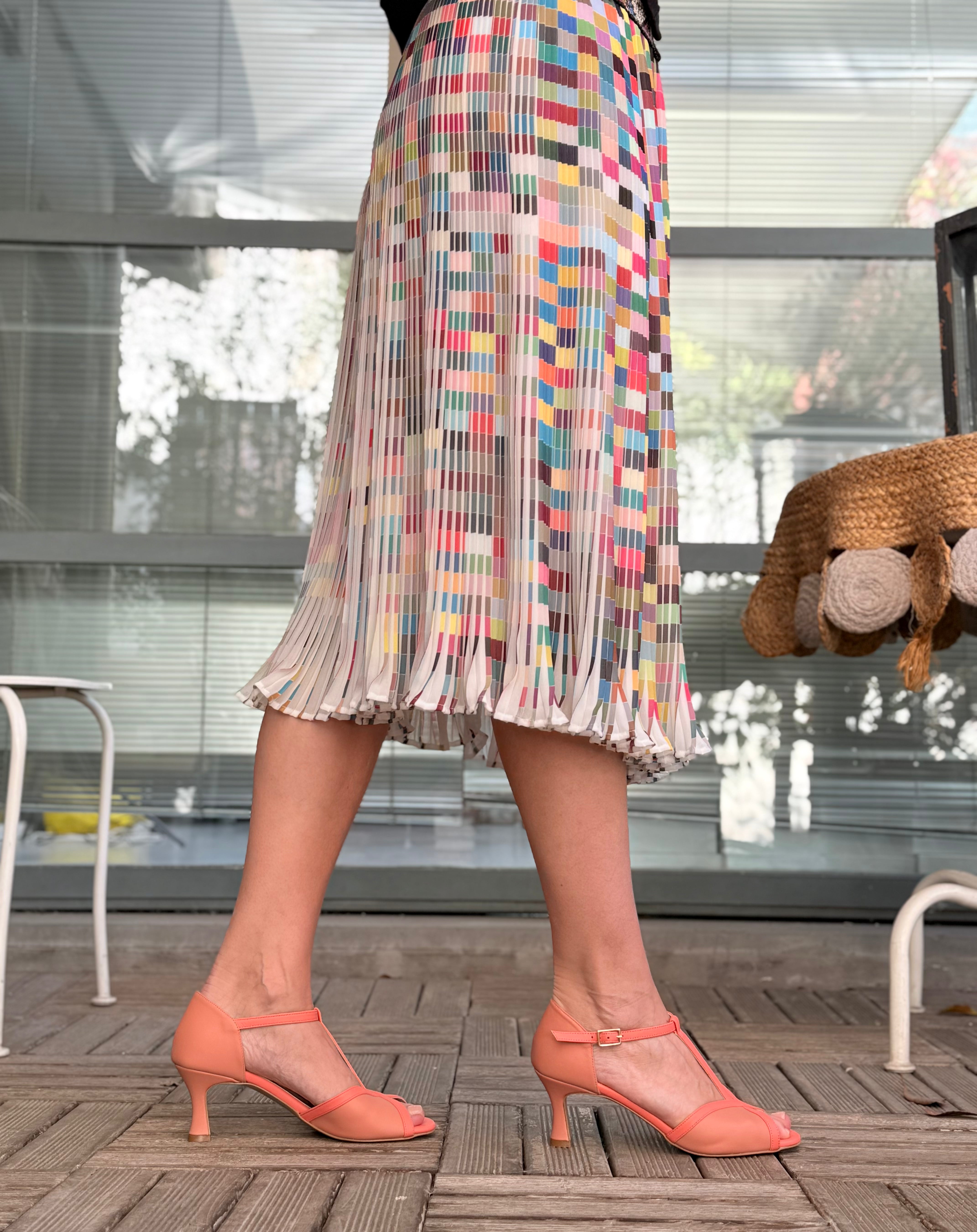 Image of Yata Peach sandalo t-bar in nappa corallo e nude tacco 6 artigianale pugliese